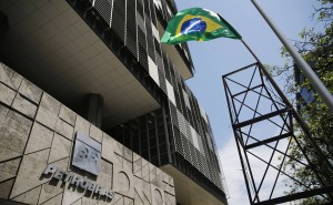 A tower with a Brazilian flag representing an oil rig is pictured during a protest at the Petrobras headquarters in Rio de Janeiro