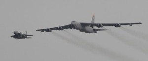 A U.S. Air Force B-52 bomber flies over Osan Air Base in Pyeongtaek, South Korea, Sunday, Jan. 10, 2016. The powerful U.S. B-52 bomber flew low over South Korea on Sunday, a clear show of force from the United States as a Cold War-style standoff deepened between its ally Seoul and North Korea following Pyongyang's fourth nuclear test. (AP Photo/Ahn Young-joon)