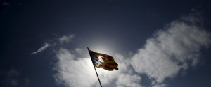 An "estelada" (Catalan separatist flag) hangs from a pole in Cabrera de Mar, north of Barcelona