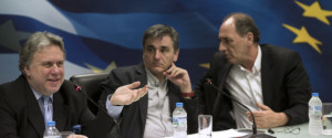 Greek Labour Minister George Katrougalos, left, speaks next to Greek Finance Minister Euclid Tsakalotos, center, and Economy Minister George Stathakis during a news conference in Athens, on Tuesday, April 12, 2016. Greece and bailout creditors have suspended talks on the countrys austerity program until next week, but Athens promised to submit a major new round of cost-cutting reforms to be voted by parliament by the end of the month.(AP Photo/Petros Giannakouris)