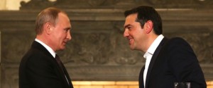 ATHENS, GREECE - MAY 27: Russian President Vladimir Putin (L) and Greek Prime Minister Alexis Tsipras (R) shake hands after they hold a joint press conference following their meeting in Athens, Greece on May 27, 2016. (Photo by Pool / Orestis Panagiotou/Anadolu Agency/Getty Images)