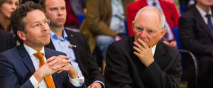 Jeroen Dijsselbloem, Dutch finance minister and head of the group of euro-area finance ministers, left, and Wolfgang Schaeuble, Germany's finance minister, wait for the start of a news conference at the finance ministry in Berlin, Germany, on Monday, April 4, 2016. Greece could again face the threat of being pushed into default and out of the euro if its current bailout review drags on into June and July, according to European officials monitoring the slow progress of Prime Minister Alexis Tsipras's negotiations with creditors. Photographer: Rolf Schulten/Bloomberg via Getty Images
