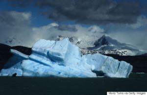 SANTA CRUZ PROVINCE, ARGENTINA - NOVEMBER 28: An iceberg broken off from a melting glacier floats in Lake Argentino, which holds runoff water from the Southern Patagonian Ice Field, the third largest ice field in the world, on November 28, 2015 in Santa Cruz Province, Argentina. The majority of the almost fifty large glaciers in the surrounding Los Glaciares National Park have been retreating over the past fifty years due to warming temperatures, according to the European Space Agency (ESA). The United States Geological Survey reports that over 68 percent of the world's freshwater supplies are locked in icecaps and glaciers. The United Nations climate change conference begins November 30 in Paris. (Photo by Mario Tama/Getty Images)