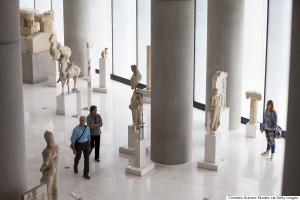 ATHENS, GREECE - APRIL 7: Visitors enjoy the new Acropolis Museum, on April 7, 2016 in Athens, Greece. As it recovers from the financial crisis, Athens is experiencing a cultural rebirth. Architect Bernard Tschumi's Acropolis Museum (2009), houses statuary from the ancient site, and also acts as a luminous viewing box from which to look out over modern and ancient portions of the city. (Photo by Melanie Stetson Freeman/The Christian Science Monitor via Getty Images)