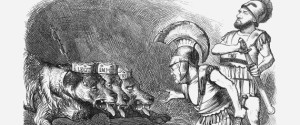'A Sop to Cerberus', 1872. This cartoon shows Louis Adolphe Thiers, the first president of the Third Republic, and Leon Gambetta, the deputy for Marseilles. Here they are threatened by Cerberus, which, in Greek mythology, was the three-headed dog guarding the entrance to Hades. The heads represent Legitimist, Imperial and Orleanist, which groups, with the Red Republicans, were warring continually and causing France's administration great problems. This cartoon relates to a speech given by M Thiers on 18th December in which he said he had fought all his life against Socialism and Demagogy. He called for a Vote of Confidence. The vote was carried by 267 to 117. From Punch, or the London Charivari, December 21, 1872. (Photo by The Cartoon Collector/Print Collector/Getty Images)