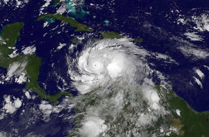 epa05567849 A handout satellite image made avaialble on 03 October 2016 by the National Oceanic and Atmospheric Administration (NOAA) from NOAA's GOES-East satellite on 02 October 2016 at 4:45 a.m. Eastern Time (0845 UTC) showing Hurricane Matthew's clear eye as the storm moved through the south central Caribbean Sea, towards Jamaica, Haiti and eastern Cuba. According to media reports, a Tropical Storm Warning is in effect for the Dominican Republic from Barahona westward to the border with Haiti. A Tropical Storm Watch is in effect for the Dominican Republic from Puerto Plata westward to the border with Haiti. EPA/NOAA / HANDOOUT HANDOUT EDITORIAL USE ONLY/NO SALES