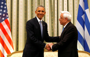 U.S. President Barack Obama meets with Greek President Prokopis Pavlopoulos at the Presidential Mansion during his visit to Athens, Greece November 15, 2016. REUTERS/Kevin Lamarque