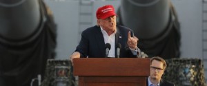 Donald Trump, 2016 Republican Presidential Candidate, Speaks Under Large Battleship Guns During A Rally