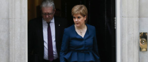 Scottish First Minister Nicola Sturgeon leaves Downing Street, after a meeting with Britain's Prime Minister Theresa May, and the Brexit Secretary David Davies about Britain's decision to leave the EU in London, Monday, Oct. 24, 2016. (AP Photo/Alastair Grant)