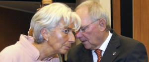 IMF Managing Director Christine Lagarde listens to German Finance Minister Wolfgang Schaeuble at the EU Informal Economic and Financial Affairs Council (ECOFIN) Meeting in Nicosia, Cyprus September 14, 2012.   REUTERS/Andreas Manolis (CYPRUS - Tags: POLITICS BUSINESS)
