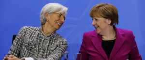 (GERMANY OUT) Christine Lagarde, Head of the International Monetary Fund (IMF), German Chancellor Angela Merkel. After a meeting of the Presidents of the international economic and financial organizations with German Chancellor Angela Merkel on March 11, 2015 at the Federal Chancellery in Berlin this while praising the efforts of "many" euro-countries, productivity and employment to increase and improve the fiscal position. However, further efforts are necessary - as in the fight against youth unemployment, structural reforms and the "growth-friendly" consolidation. (Photo by A.v.Stocki/ullstein bild via Getty Images)