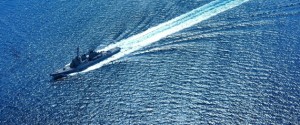 High Angle View Of Warship In Sea